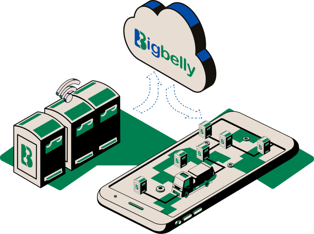 illustration showing bigbelly trash cans and recycling bins being managed by a mobile app