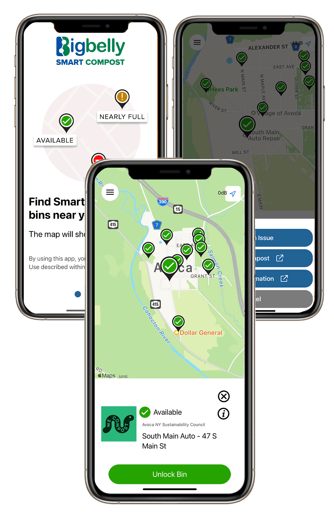 three mobile devices featuring smart compost app screenshots